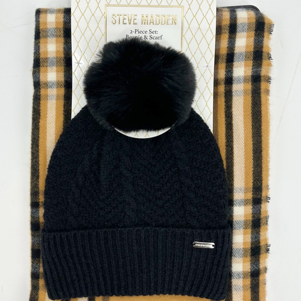 Steve Madden Beanie & Scarf Set Black Pom Beanie + Plaid Scarf NWT - Picture 10 of 11
